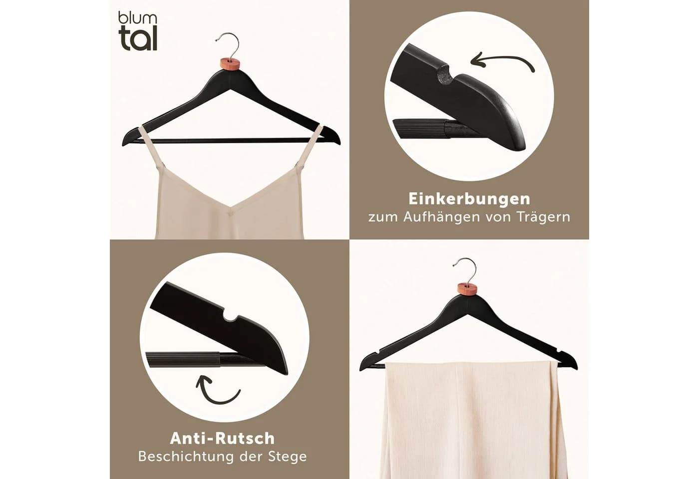 Blumtal Kleiderbügel Holz 30-tlg. Schwarz/Weiß mit 360° Haken & Mottenschutz - Bild 3