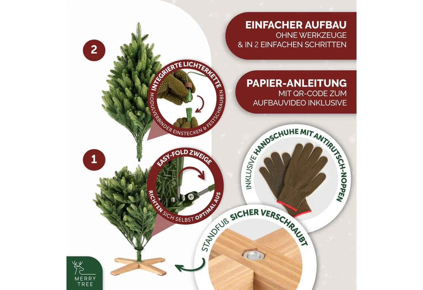 MERRY TREE Luxus Kunst-Tannenbaum 100% PE-Nadeln Holzfuß Skandinavisch Grün - Bild 5