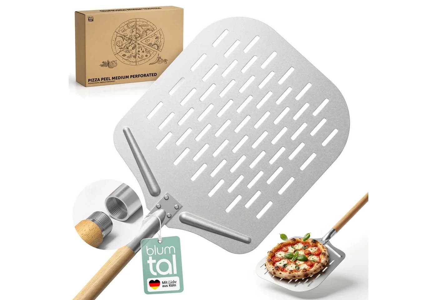 Blumtal Pizzaschieber Silber Aluminium & Edelstahl mit abnehmbarem Holzgriff - Bild 2