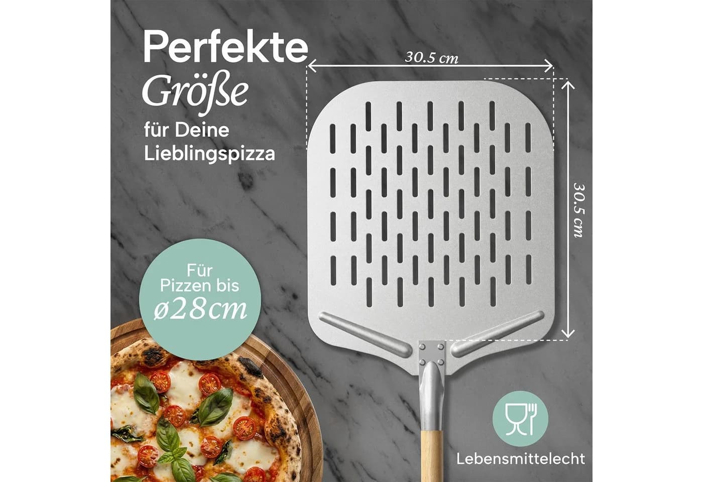 Blumtal Pizzaschieber Silber Aluminium & Edelstahl mit abnehmbarem Holzgriff - Bild 3