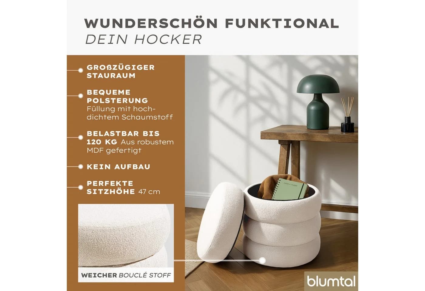 Blumtal Sitzhocker mit Stauraum Bouclé oder Velvet Bezug