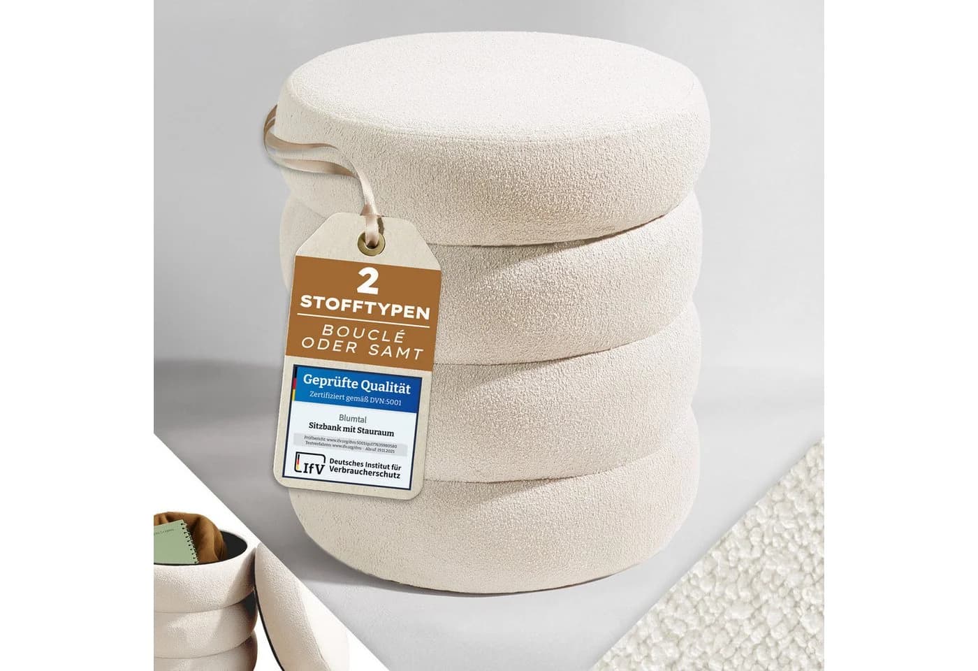 Blumtal Sitzhocker mit Stauraum Bouclé oder Velvet Bezug - Bild 2