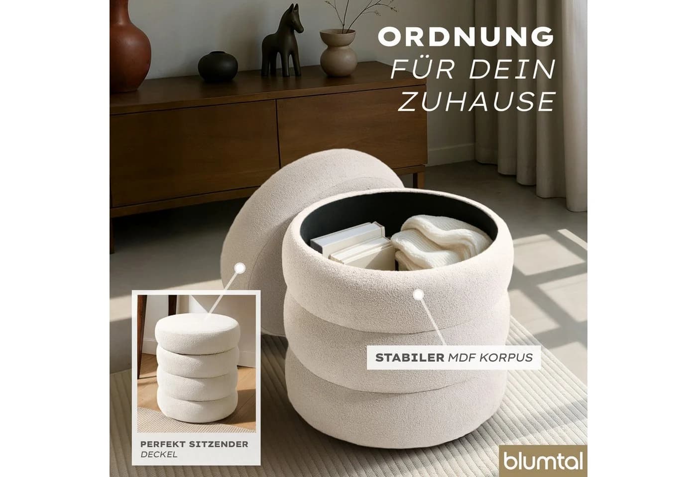 Blumtal Sitzhocker mit Stauraum Bouclé oder Velvet Bezug - Bild 5