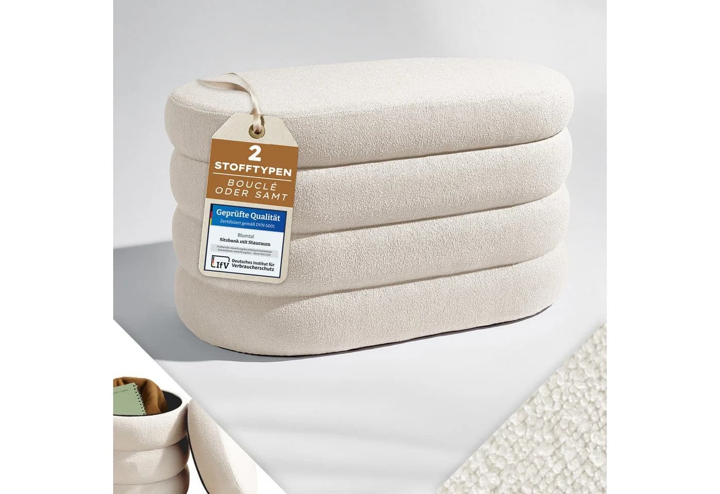 Blumtal Sitzhocker mit Stauraum Bouclé oder Velvet Bezug - Bild 2