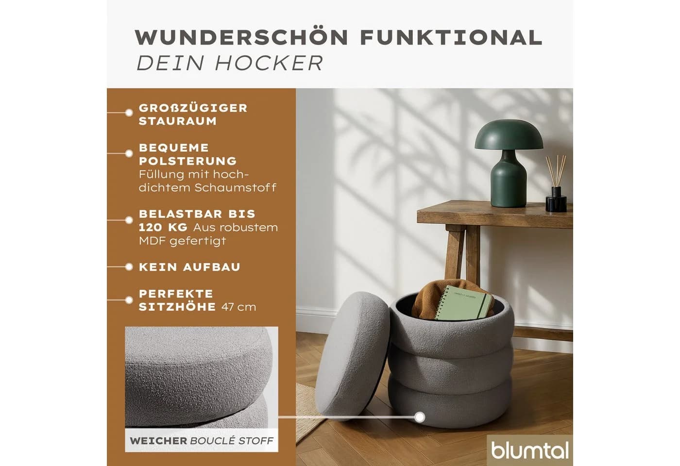Blumtal Sitzhocker mit Stauraum Bouclé oder Velvet Bezug
