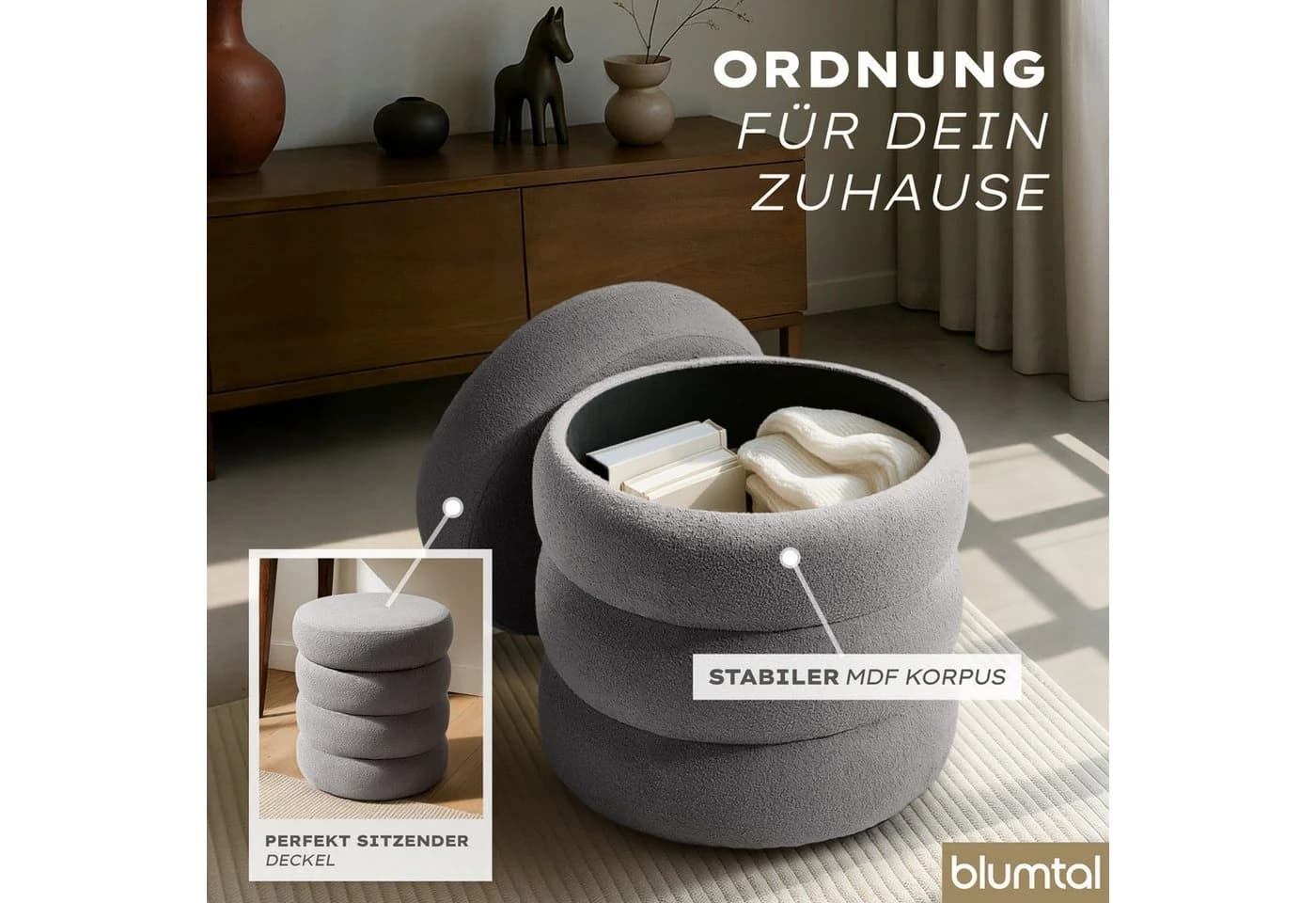 Blumtal Sitzhocker mit Stauraum Bouclé oder Velvet Bezug - Bild 5
