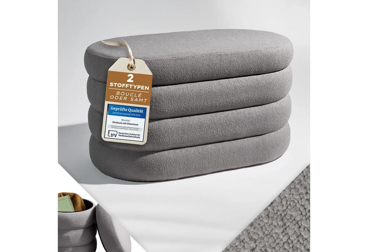 Blumtal Sitzhocker mit Stauraum und Bouclé-Bezug Grau - Bild 2