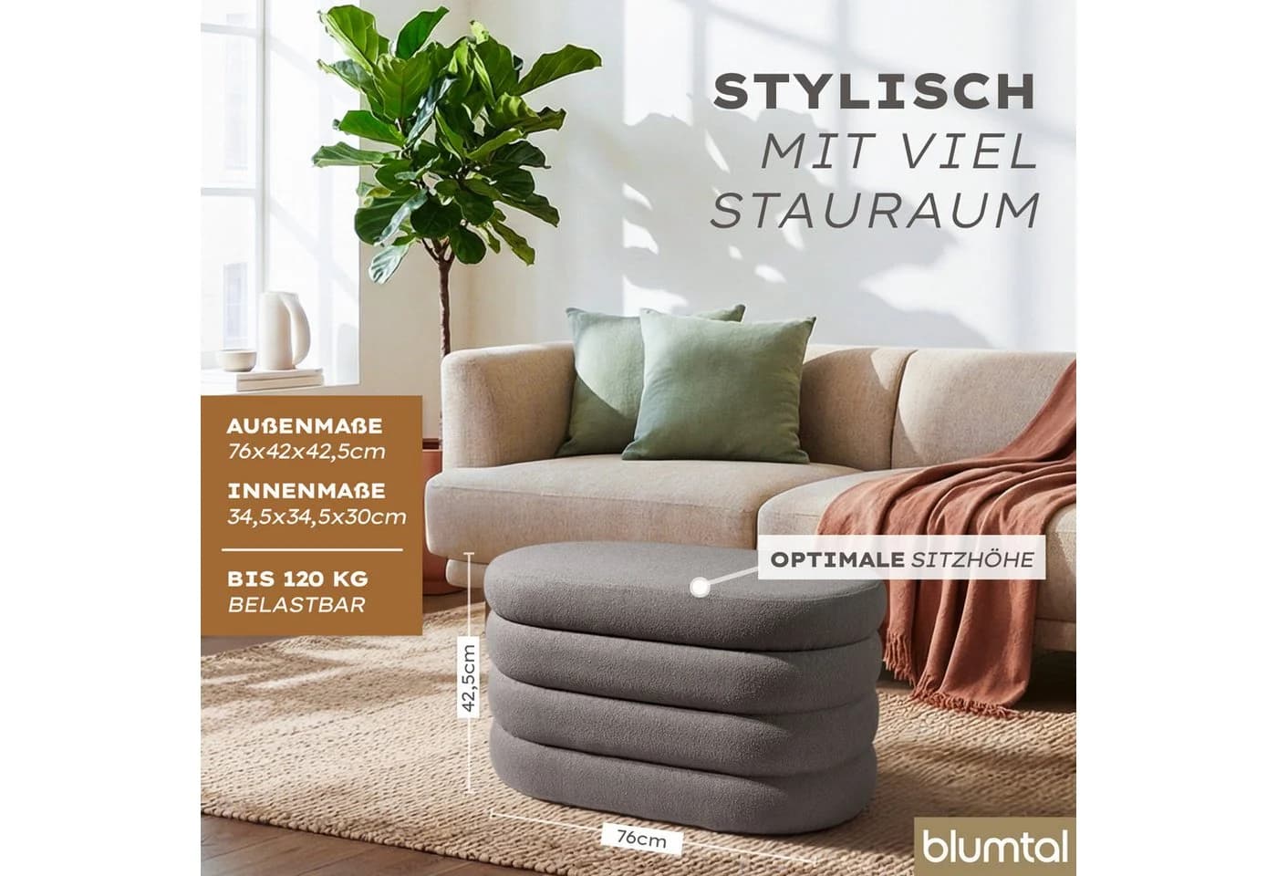 Blumtal Sitzhocker mit Stauraum und Bouclé-Bezug Grau - Bild 3