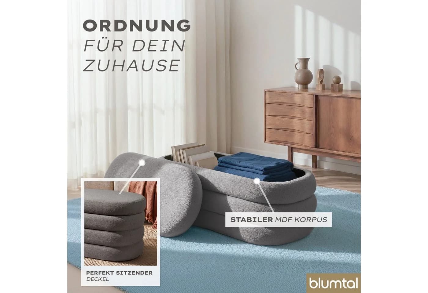 Blumtal Sitzhocker mit Stauraum und Bouclé-Bezug Grau - Bild 5