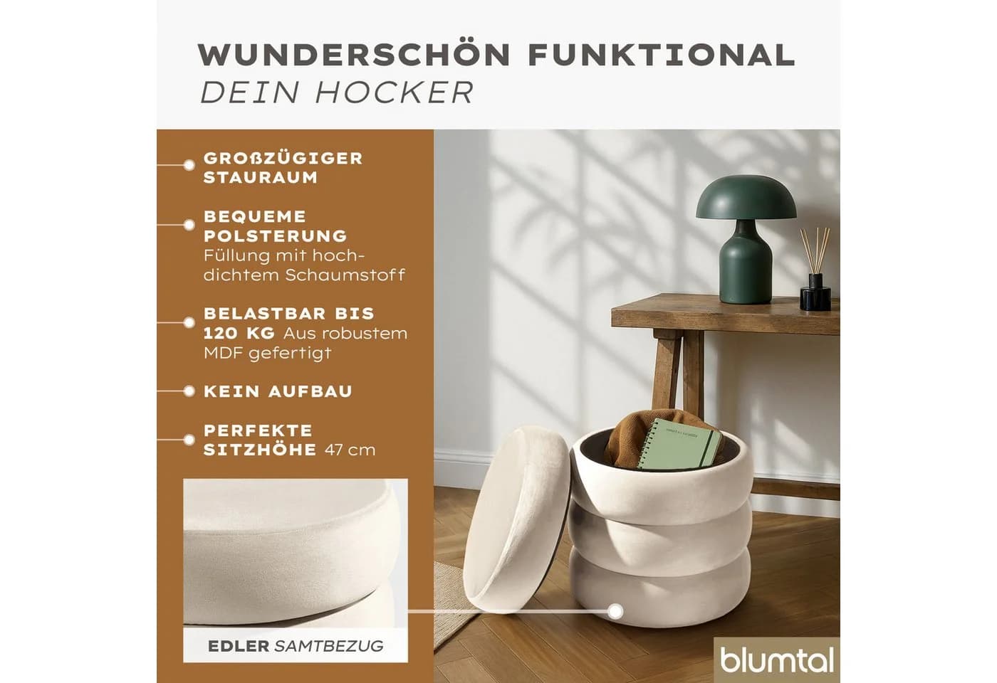 Blumtal Sitzhocker mit Stauraum Bouclé oder Velvet