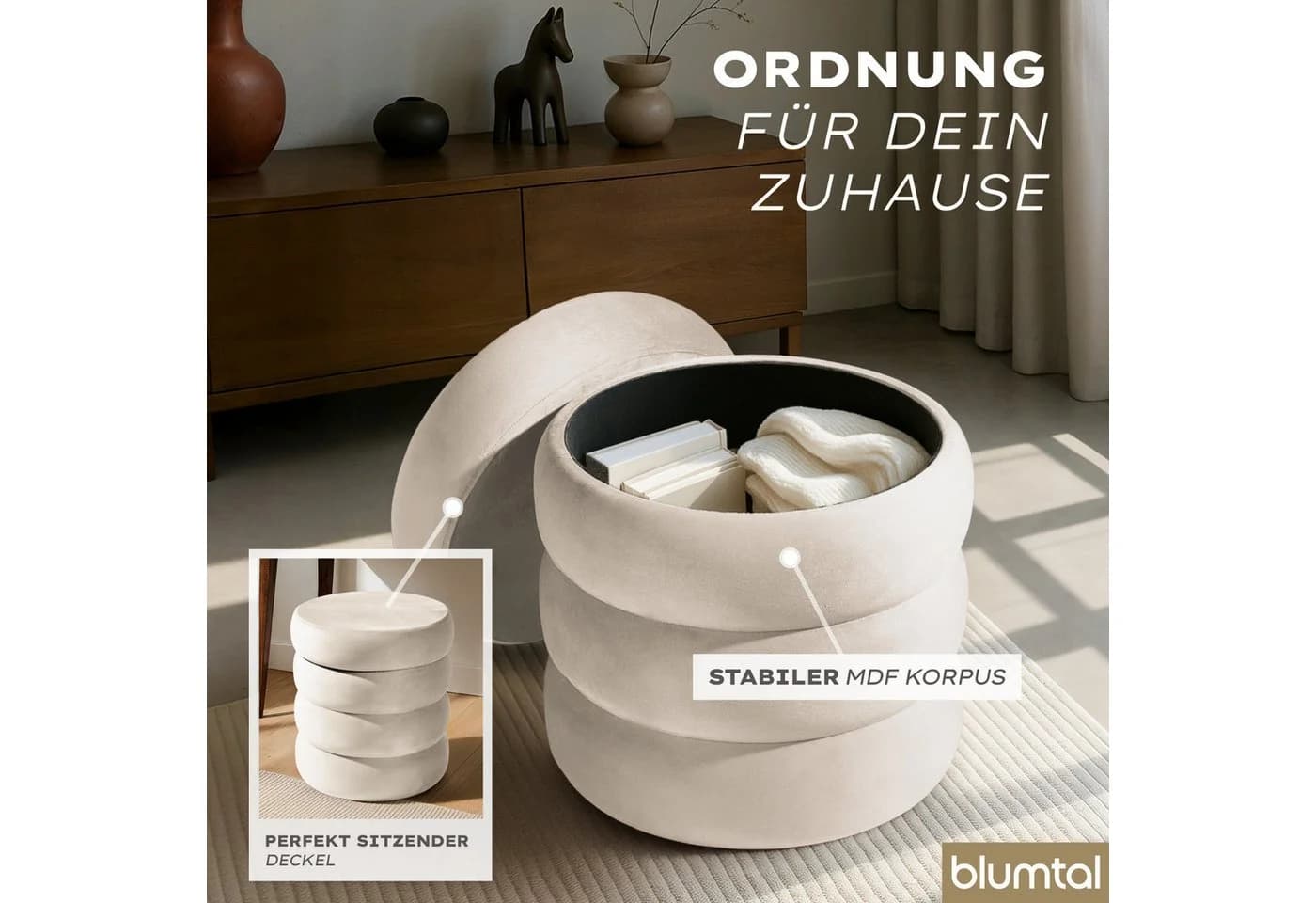 Blumtal Sitzhocker mit Stauraum Bouclé oder Velvet - Bild 5
