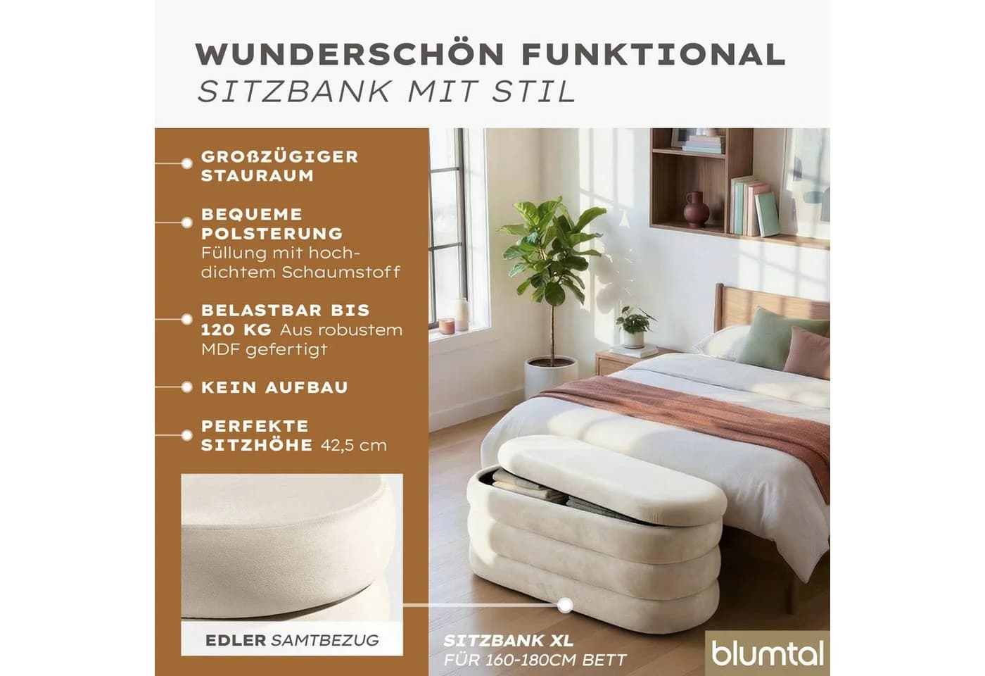 Blumtal Sitzhocker mit Stauraum - MDF, Bouclé oder Samt