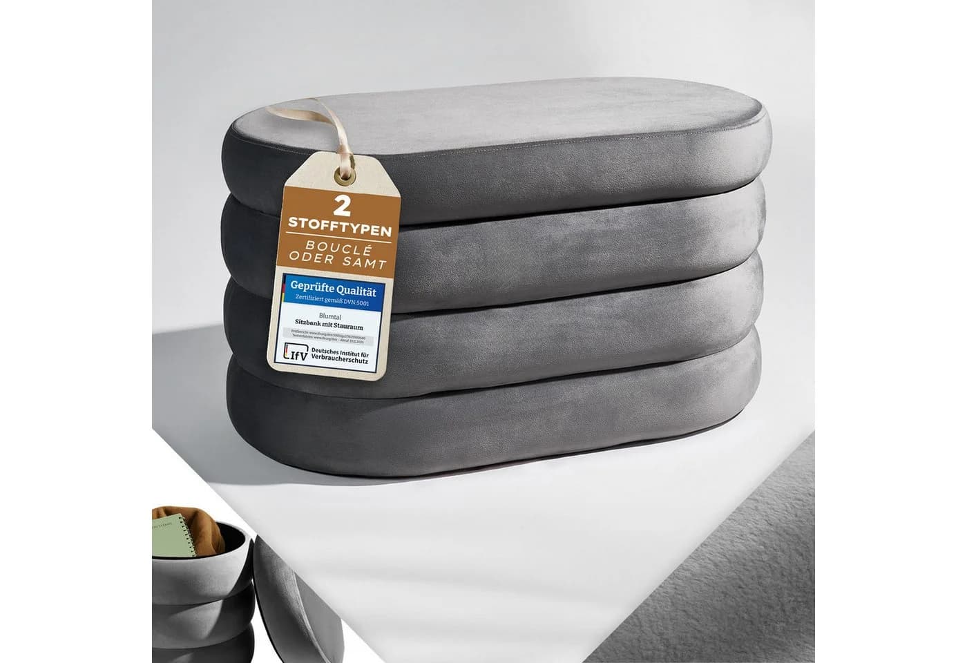 Blumtal Sitzhocker mit Stauraum Bouclé oder Velvet Bezug - Bild 2