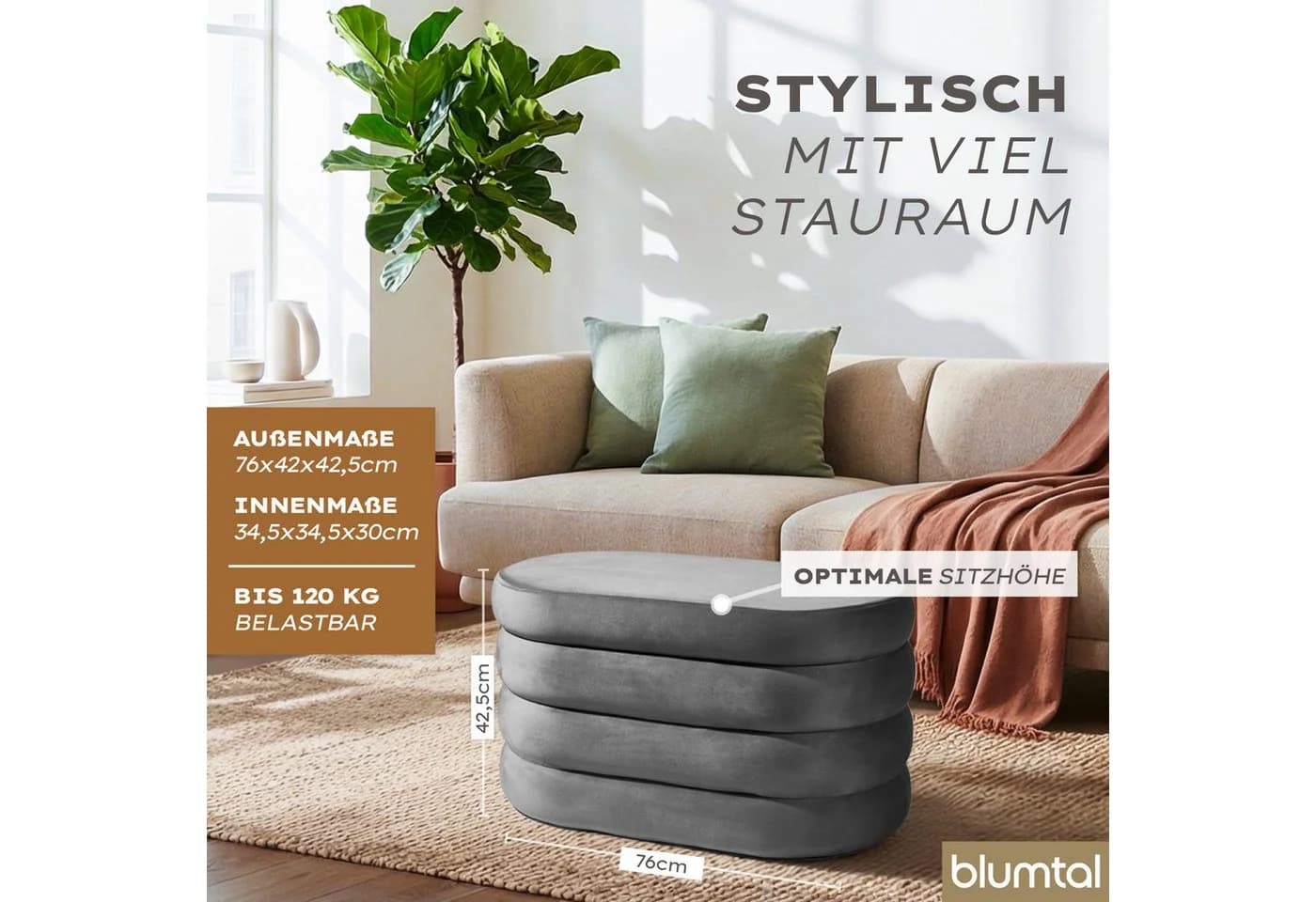Blumtal Sitzhocker mit Stauraum Bouclé oder Velvet Bezug - Bild 3