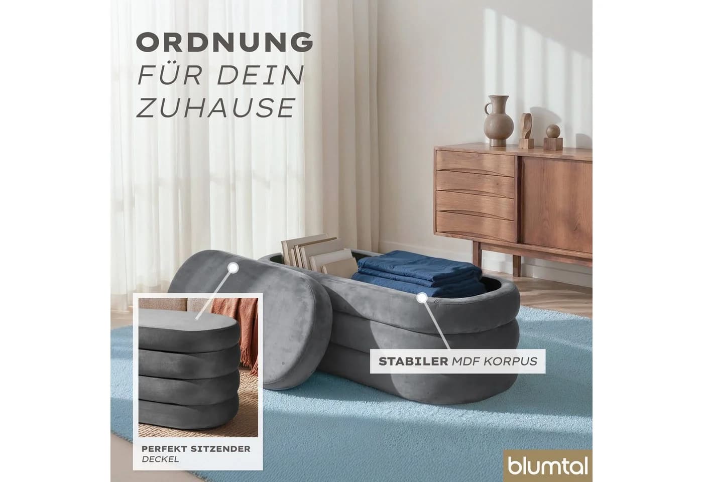 Blumtal Sitzhocker mit Stauraum Bouclé oder Velvet Bezug - Bild 5