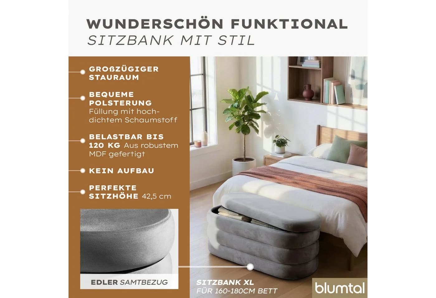 Blumtal Sitzhocker mit Stauraum Grau Samt
