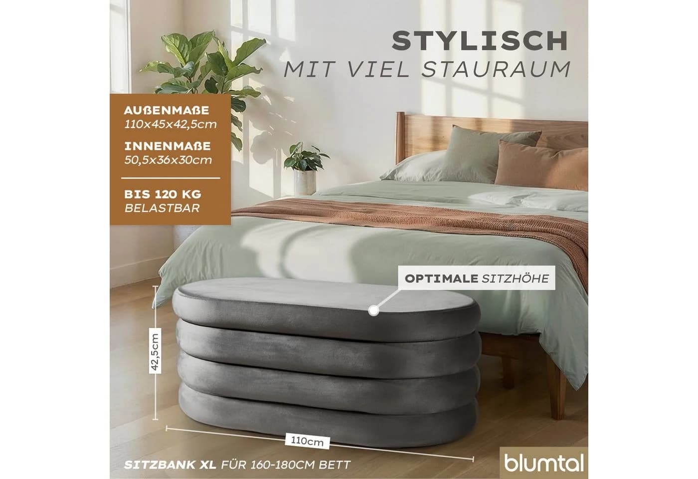 Blumtal Sitzhocker mit Stauraum Grau Samt - Bild 3