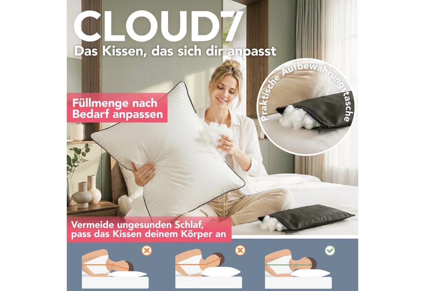 Blumtal Premium Kopfkissen mit anpassbarer Nanofaser-Füllung & Reißverschluss