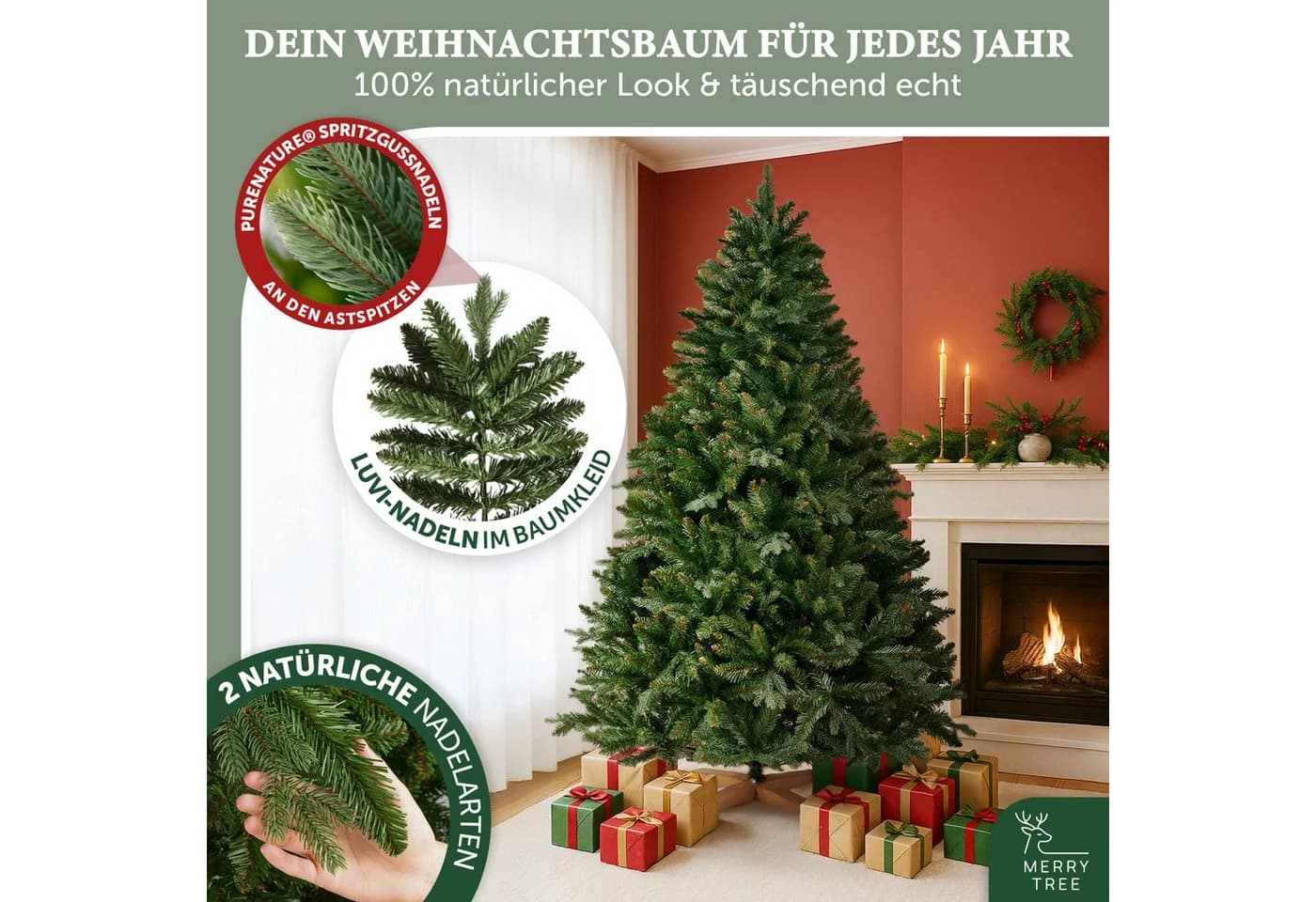 MERRY TREE Premium Künstlicher Weihnachtsbaum Nordmanntanne PE/PVC mit Holzfuß