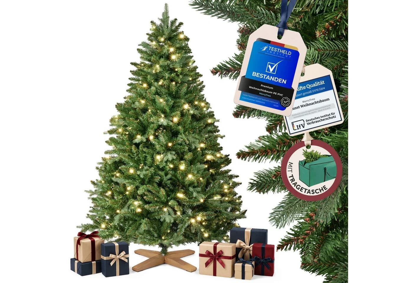 MERRY TREE Premium Künstlicher Weihnachtsbaum Nordmanntanne PE/PVC mit Holzfuß - Bild 2