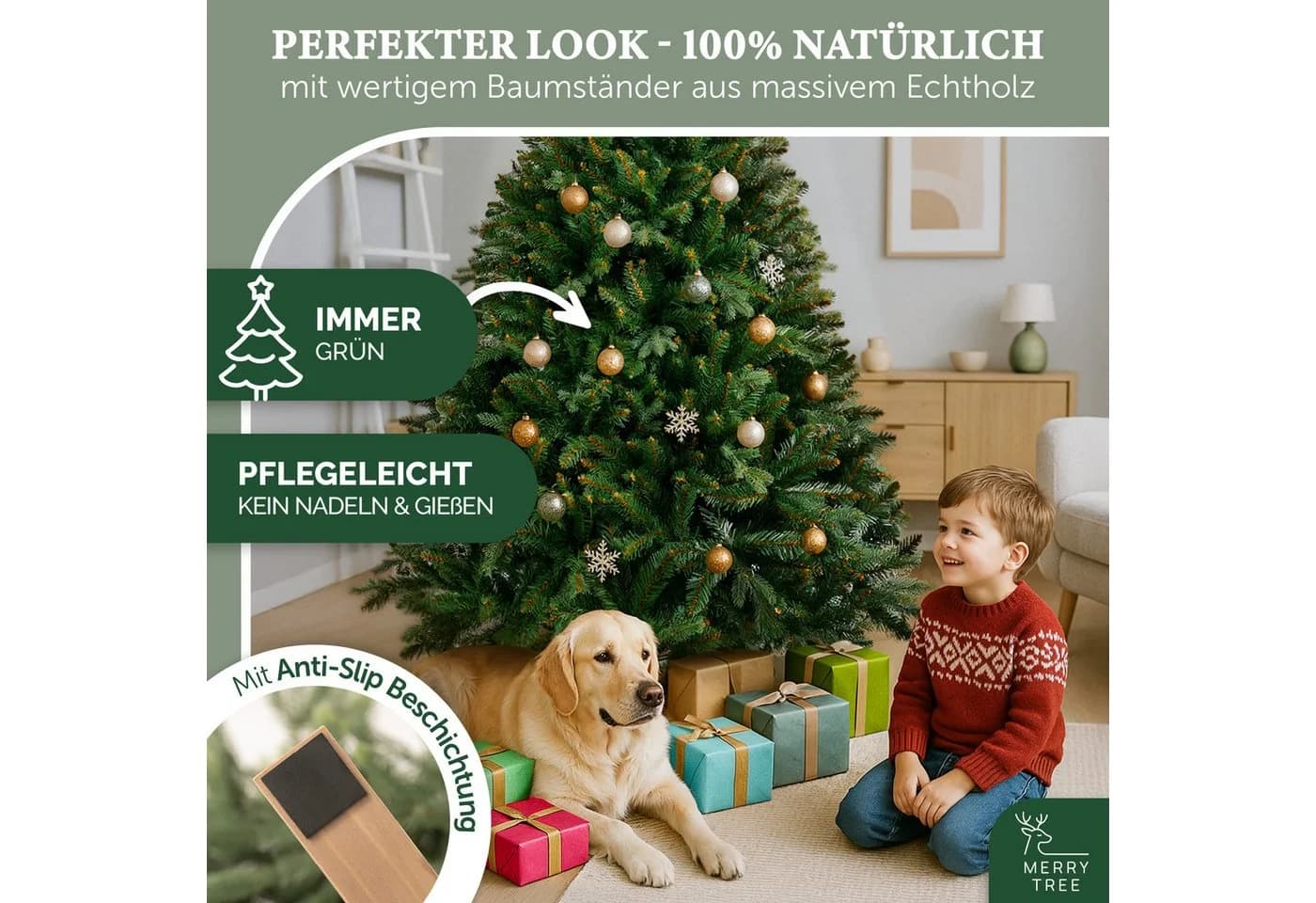 MERRY TREE Premium Künstlicher Weihnachtsbaum Nordmanntanne PE/PVC mit Holzfuß - Bild 5