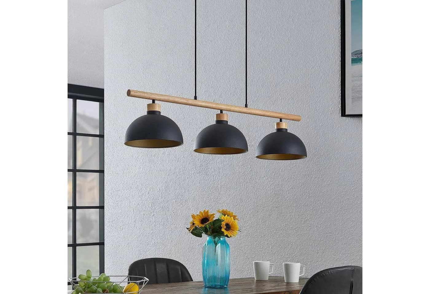 Lindby Hängeleuchte Tirzana, 3-flg., Schwarz, Metall, Holz - Bild 3