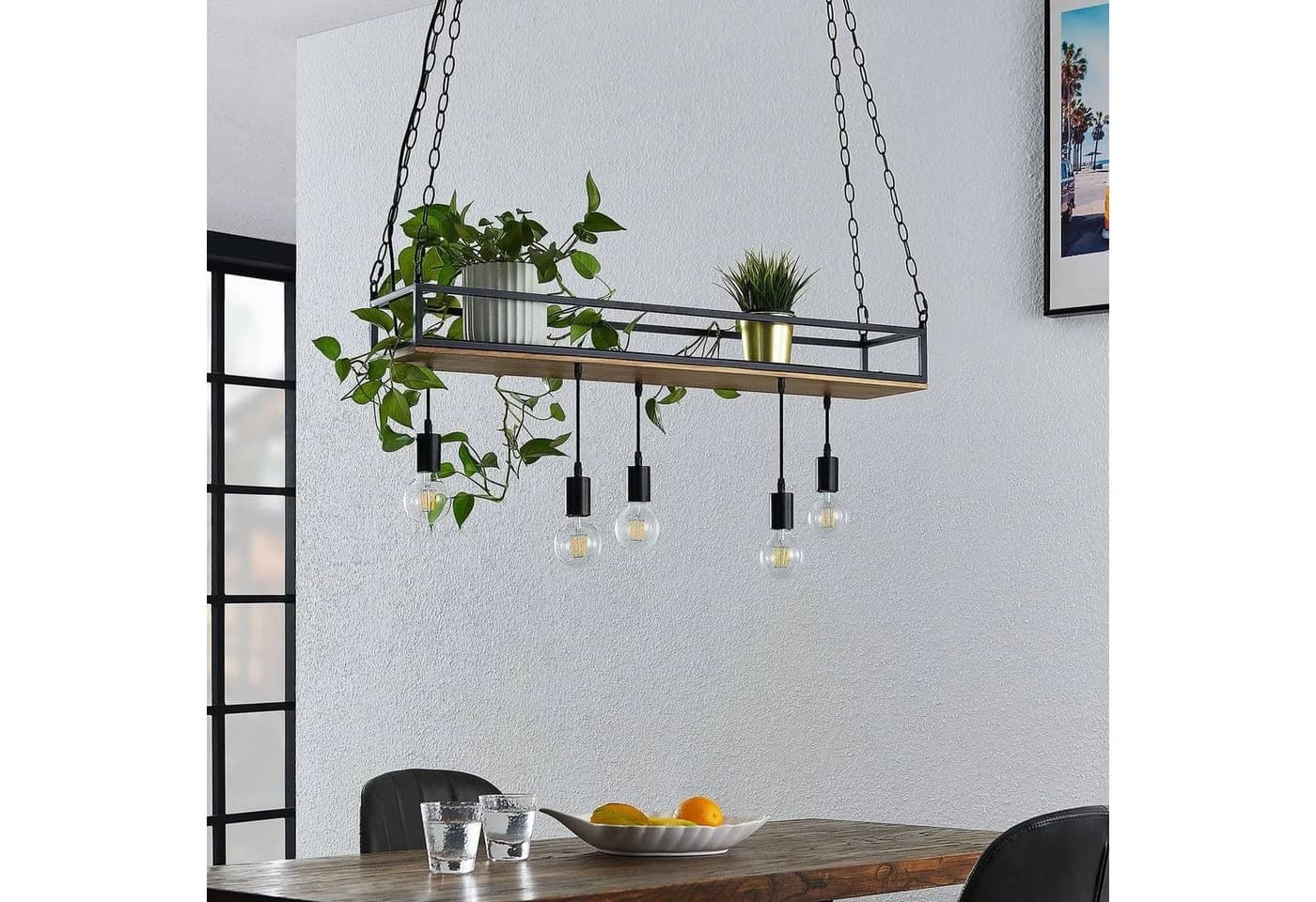 Lindby Hängeleuchte Kirista, 5-flg., schwarz/Holz, 100 cm, E27 - Bild 3