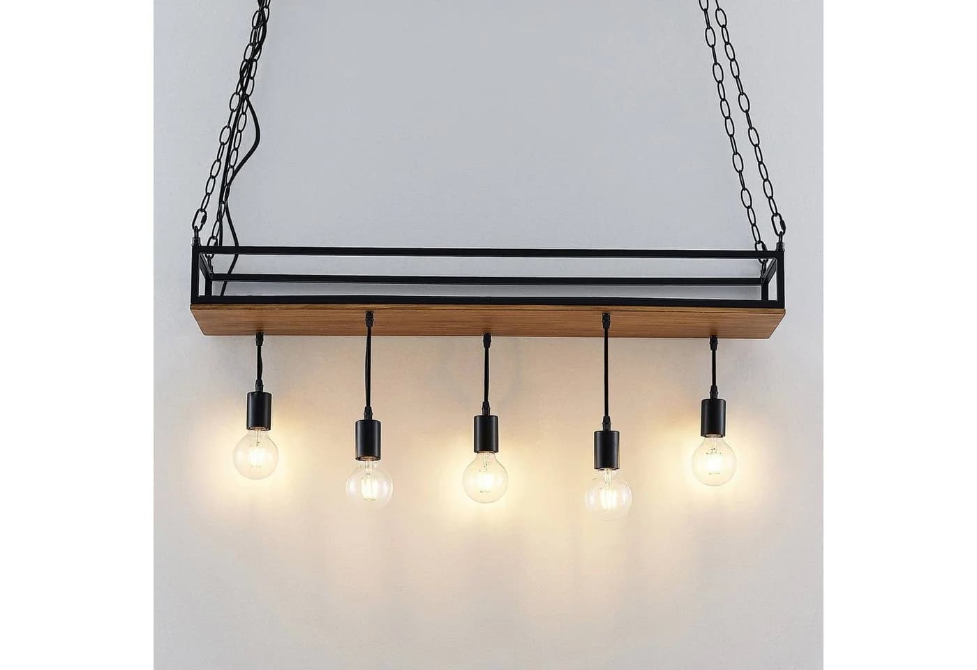 Lindby Hängeleuchte Kirista, 5-flg., schwarz/Holz, 100 cm, E27 - Bild 5