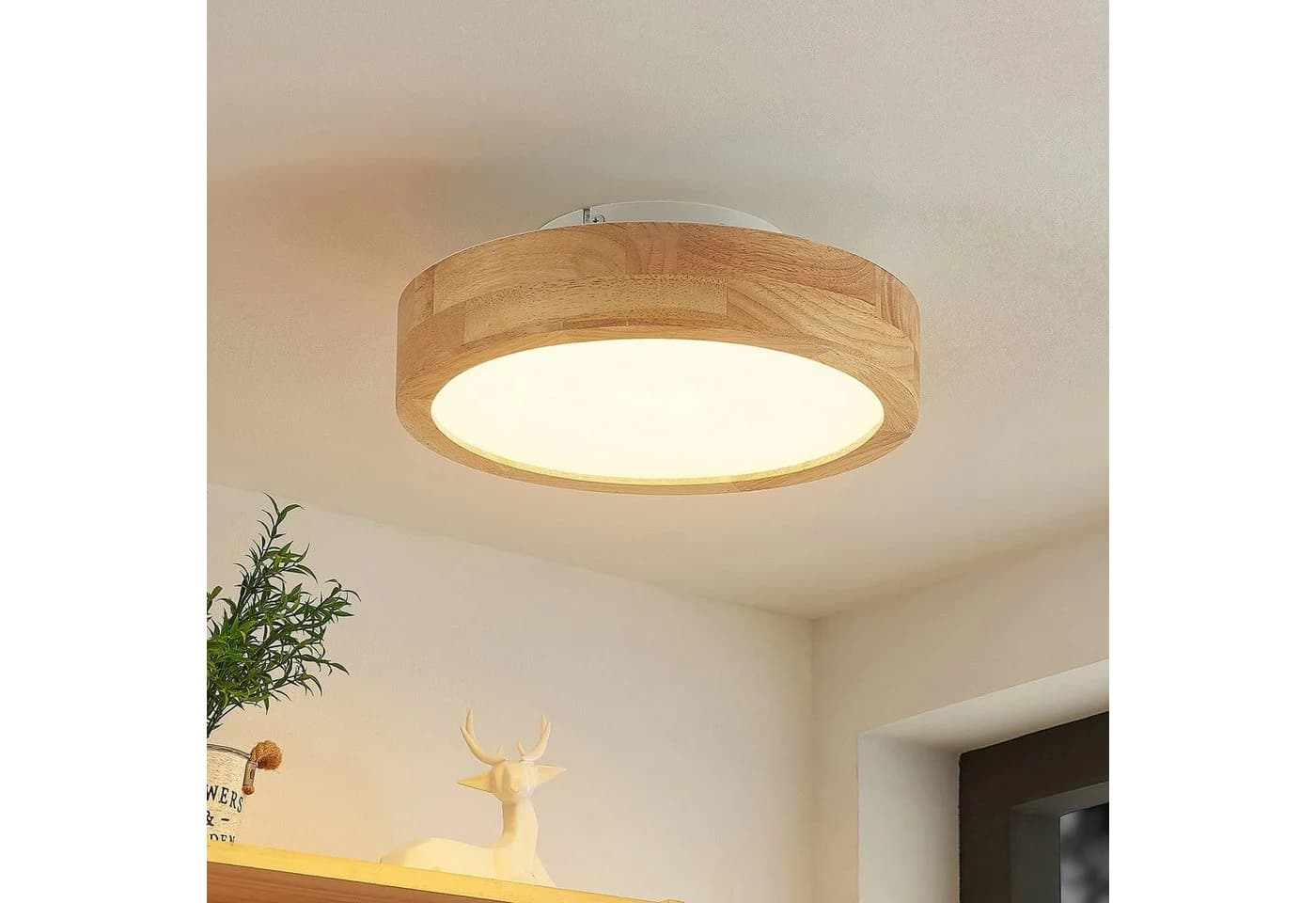 Lindby LED-Deckenlampe Lanira 30 cm Eichenholz CCT-Dimmfunktion Fernbedienung