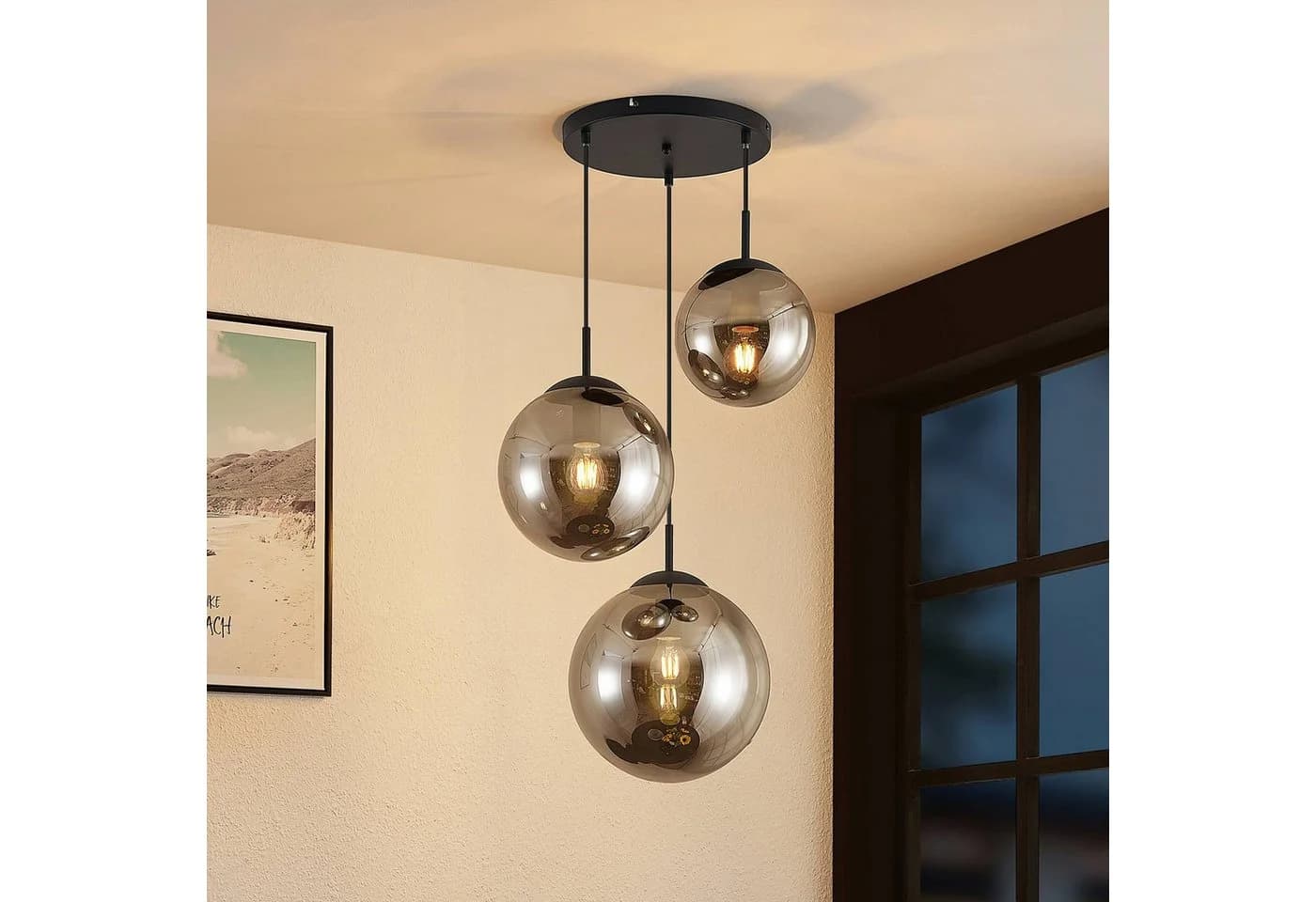 Lindby Hängeleuchte Teeja Glas Alu Grau Schwarz 3 x 15 W LED