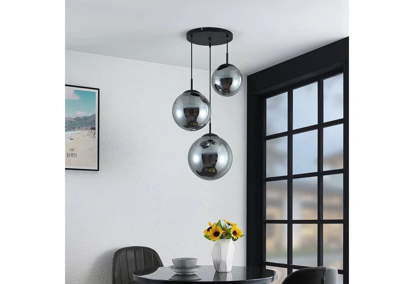 Lindby Hängeleuchte Teeja Glas Alu Grau Schwarz 3 x 15 W LED - Bild 3