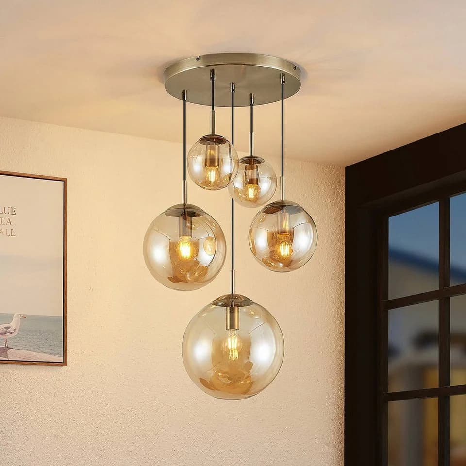 Lindby Hängeleuchte Teeja, amber, 5-flg., Ø50cm, Glas, E27