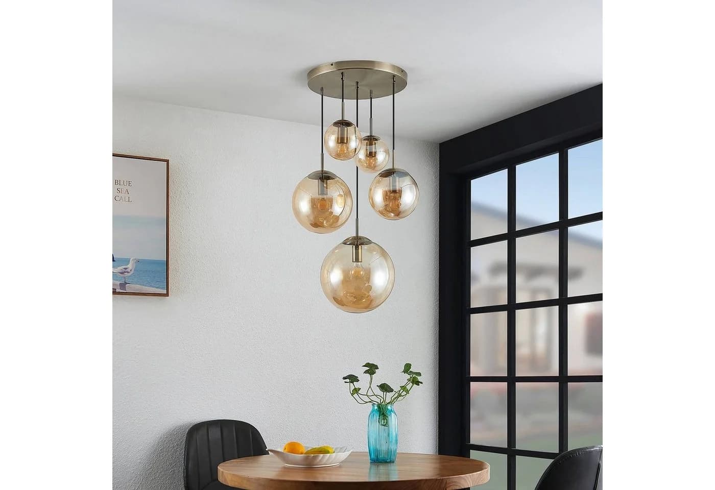 Lindby Hängeleuchte Teeja, amber, 5-flg., Ø50cm, Glas, E27 - Bild 3