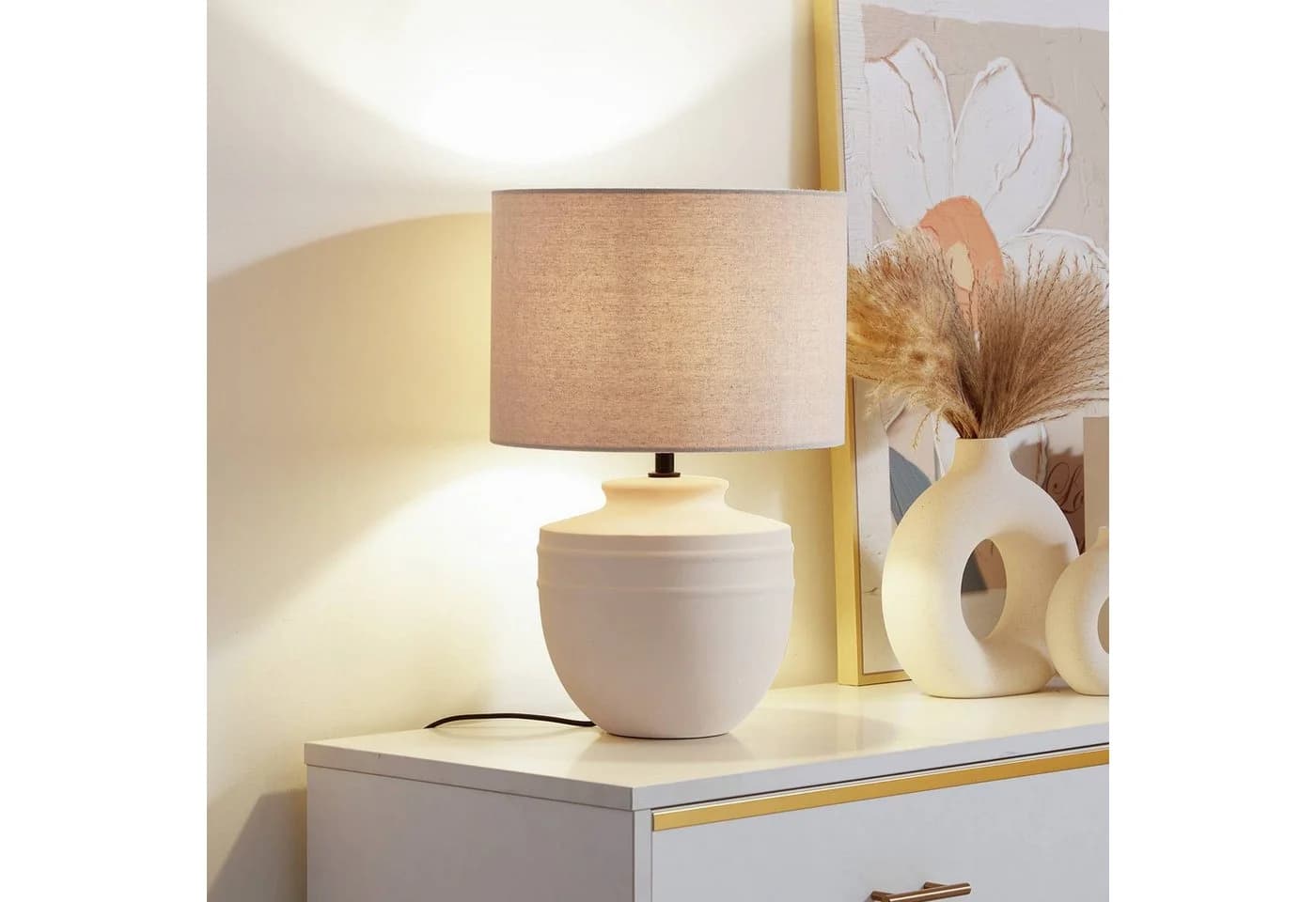Lindby Tischleuchte Thalassia Keramik Creme IP20 15W LED Beige