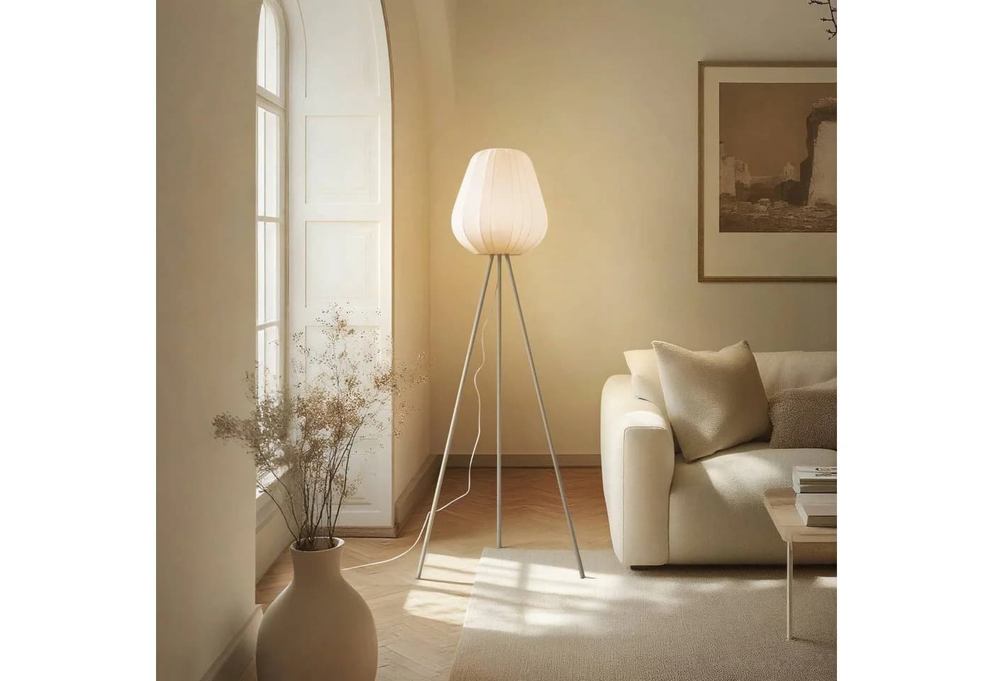 Lindby Stehleuchte Helin, Beige, Textil, Tripod, 144 cm, E27 - Bild 3