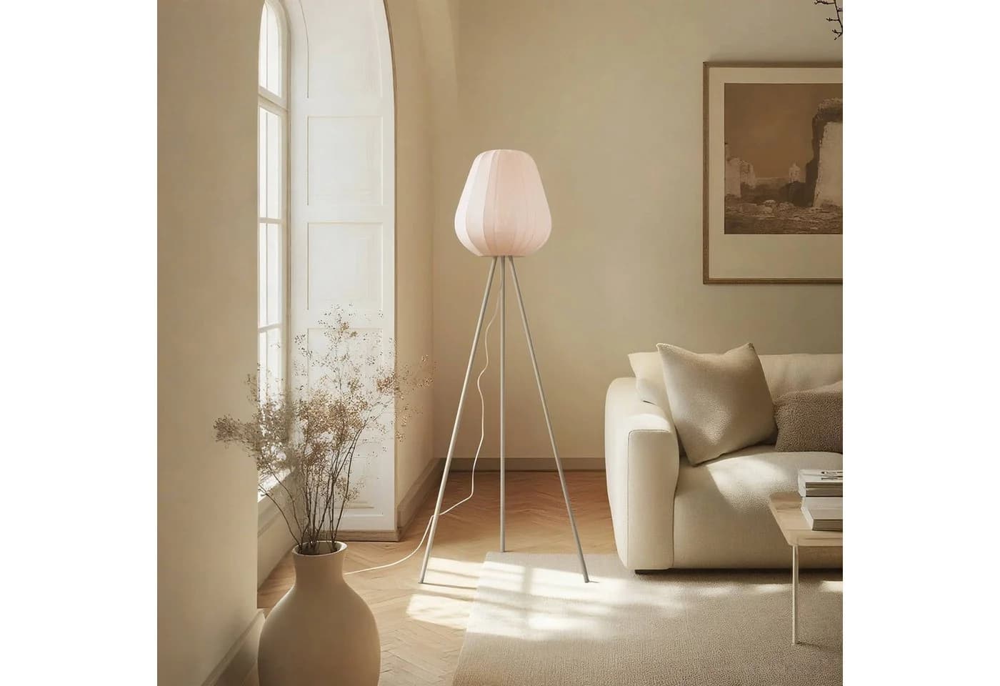 Lindby Stehleuchte Helin, Beige, Textil, Tripod, 144 cm, E27 - Bild 4
