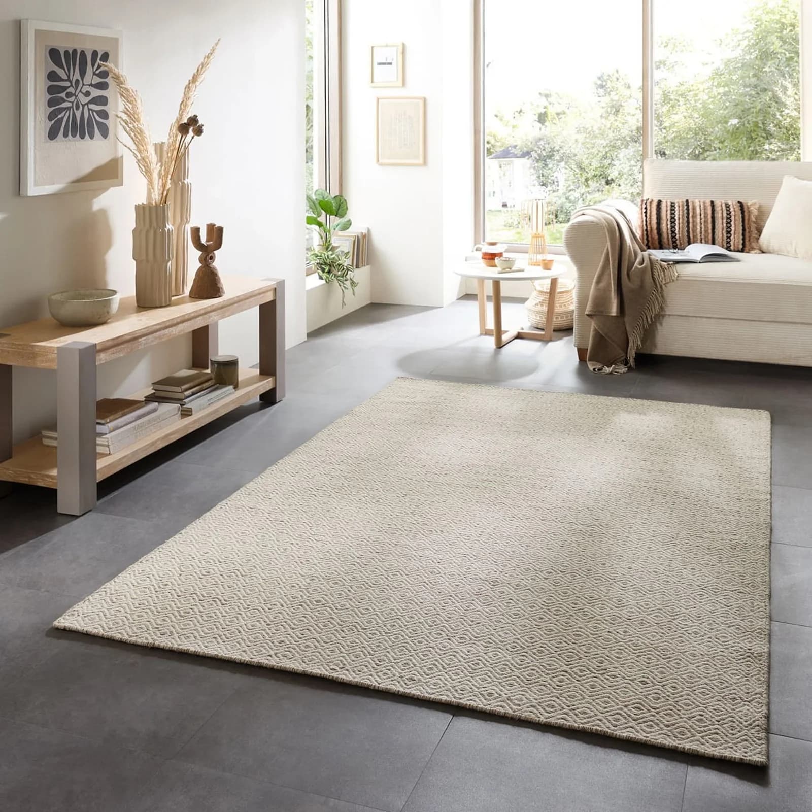 THEKO Wollteppich Trondheim Beige Handgewebt Rautenmuster