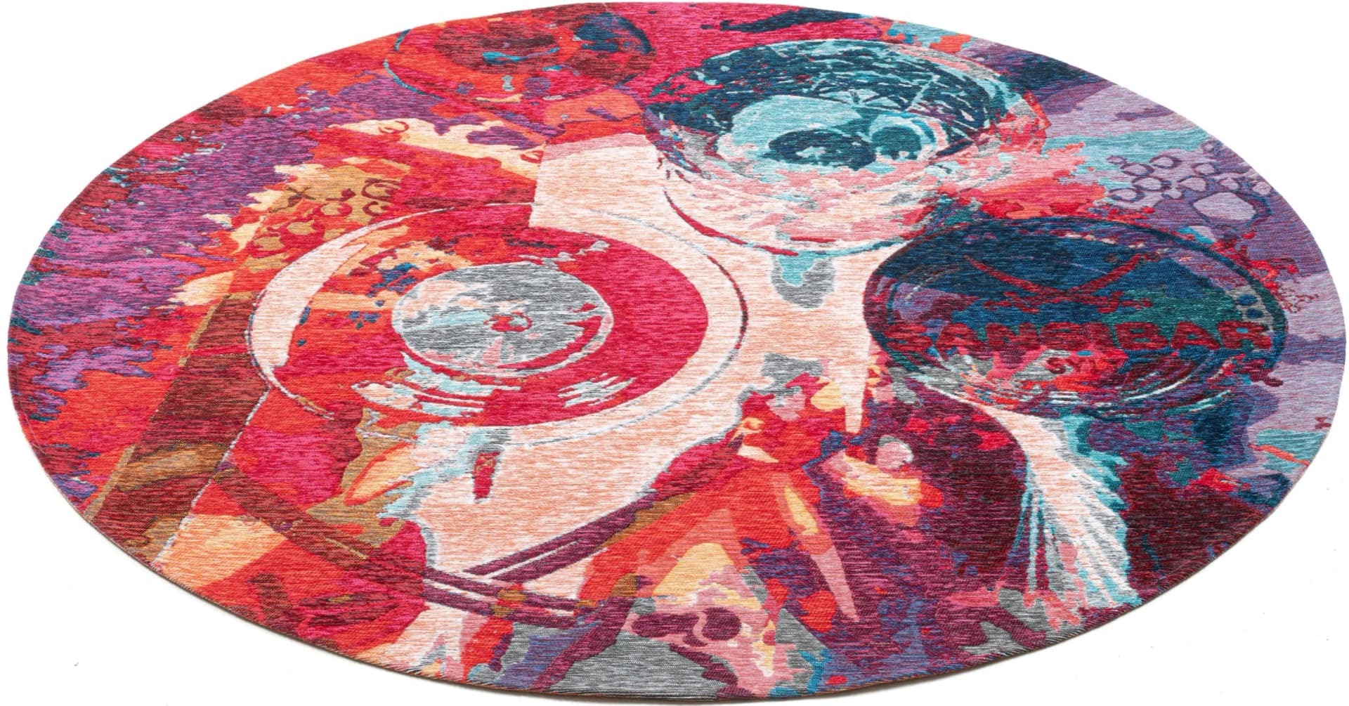 Sansibar Teppich Keitum 008 Bunt Rundes Flachgewebe Motiv Gläser