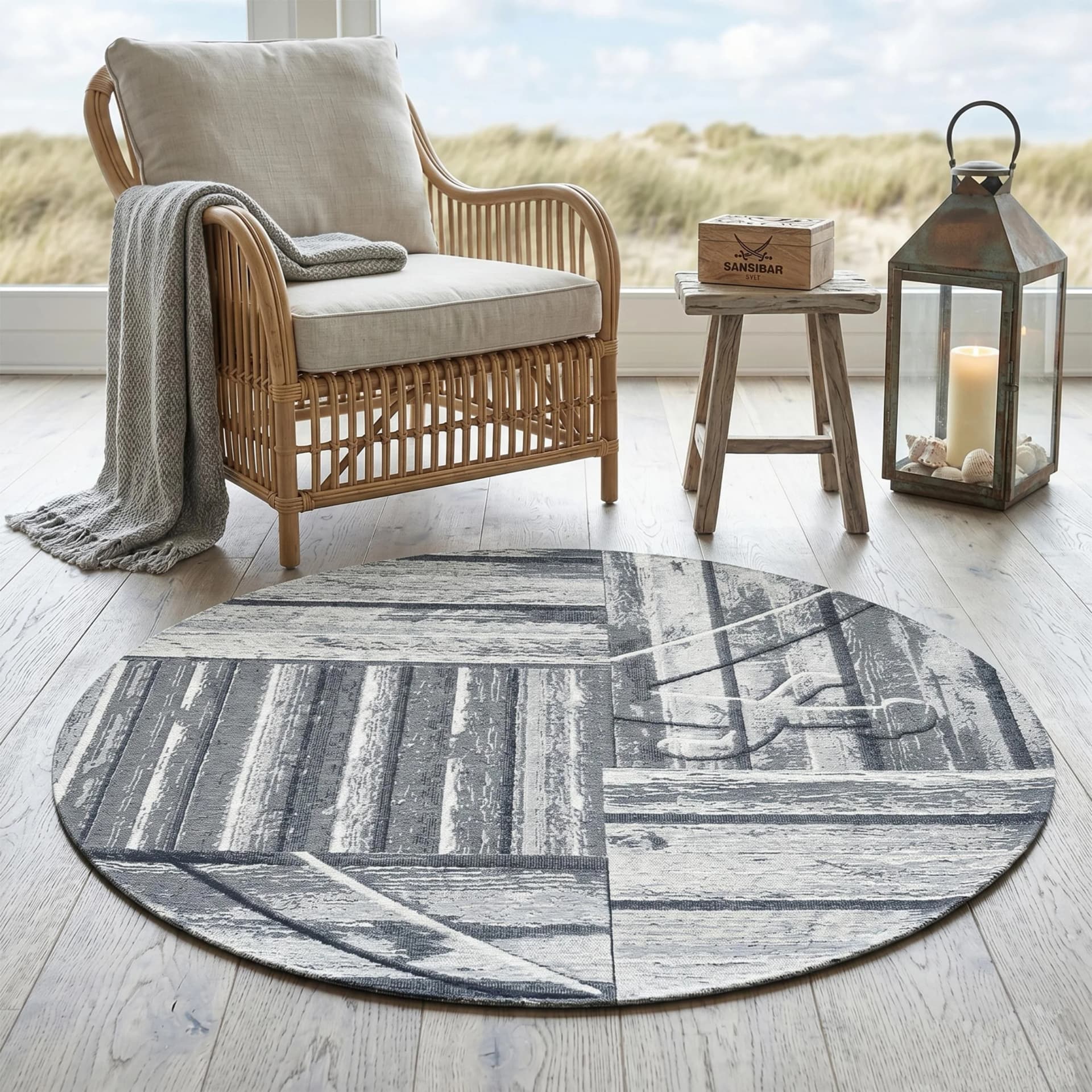 Sansibar Teppich Keitum Grau Rund Polyester Flachgewebe