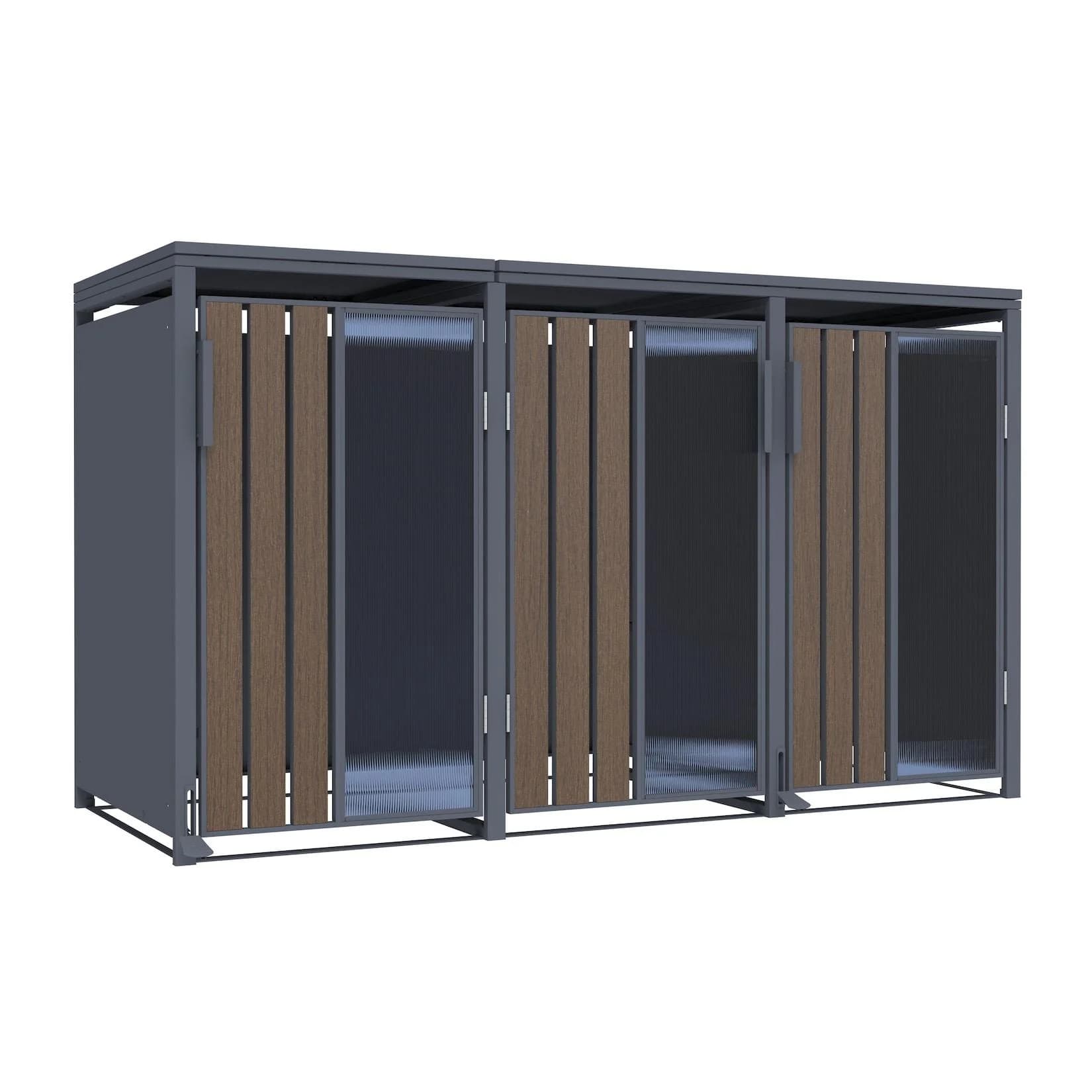 Mülltonnenbox Holzoptik mit Plexiglas für 3 Mülltonnen 240L Pedal