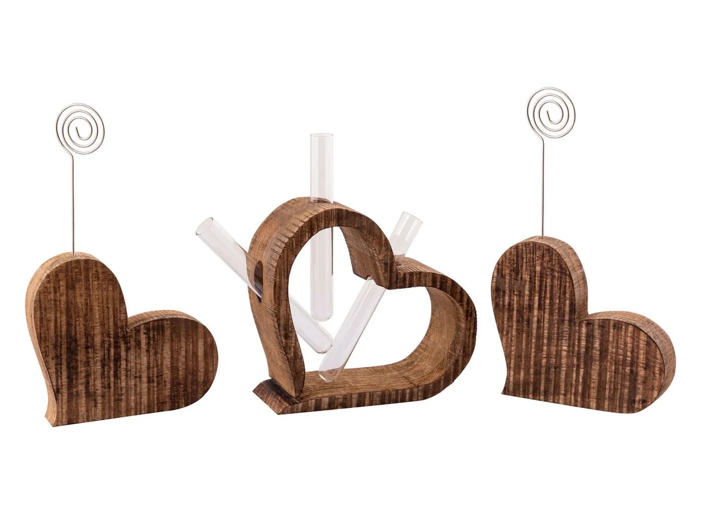 Amagohome Dekofigur Herz Blumenvase Fotoständer Set 3-teilig Mangoholz