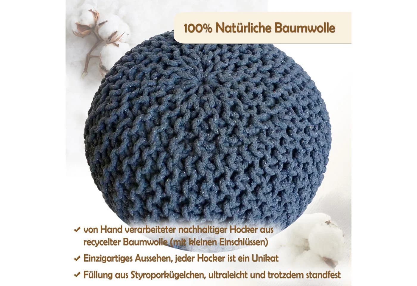 Amagohome Strickhocker Sitzpouf Jeansblau 100% Baumwolle