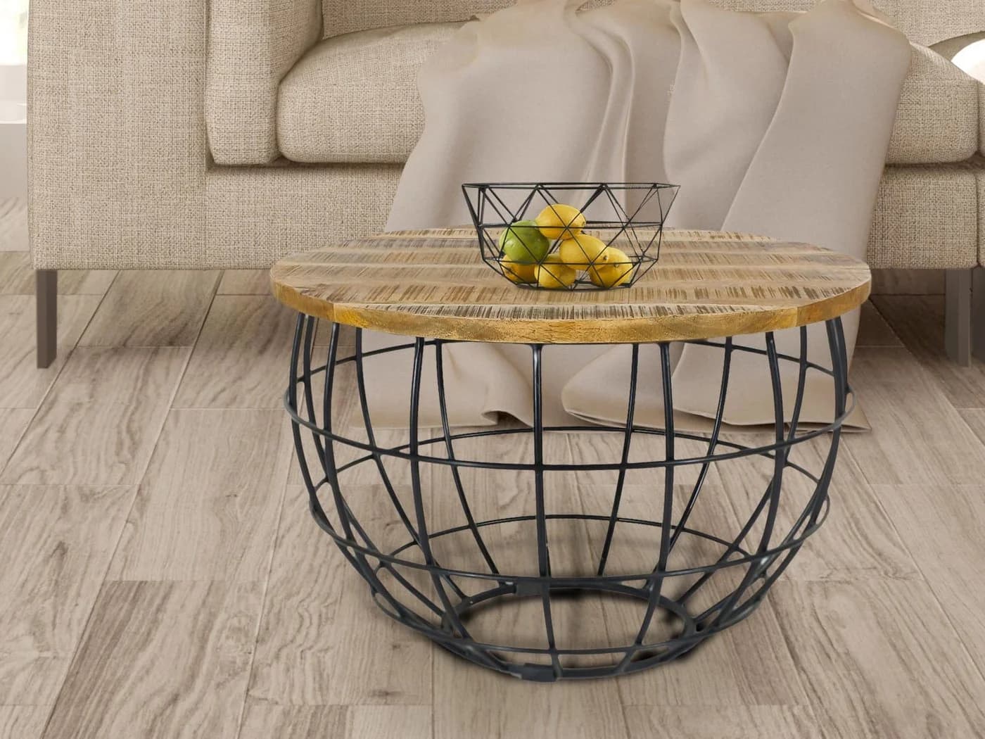 Amagohome Couchtisch Rund Ø 55 cm Industrie-Style Altholz Metall