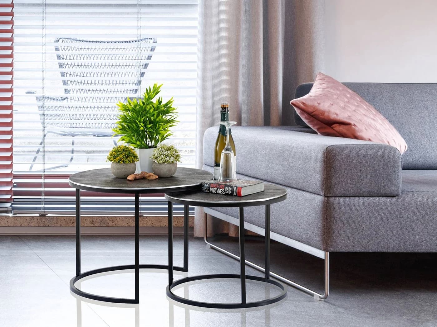 Amagohome Couchtisch Set 2-teilig Silber Aluminium Antik Stil
