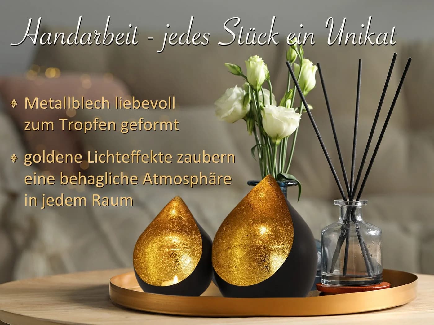 Amagohome Teelichthalter Set 2-teilig Tropfenform Metall Schwarz Gold - Bild 3