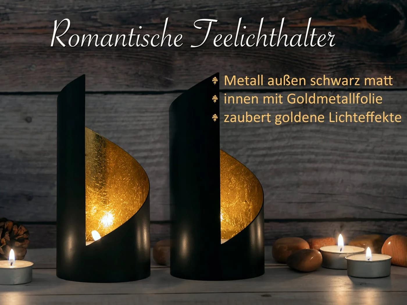 Amagohome Teelichthalter Set 2-teilig Schwarz Gold Zylinder Metall