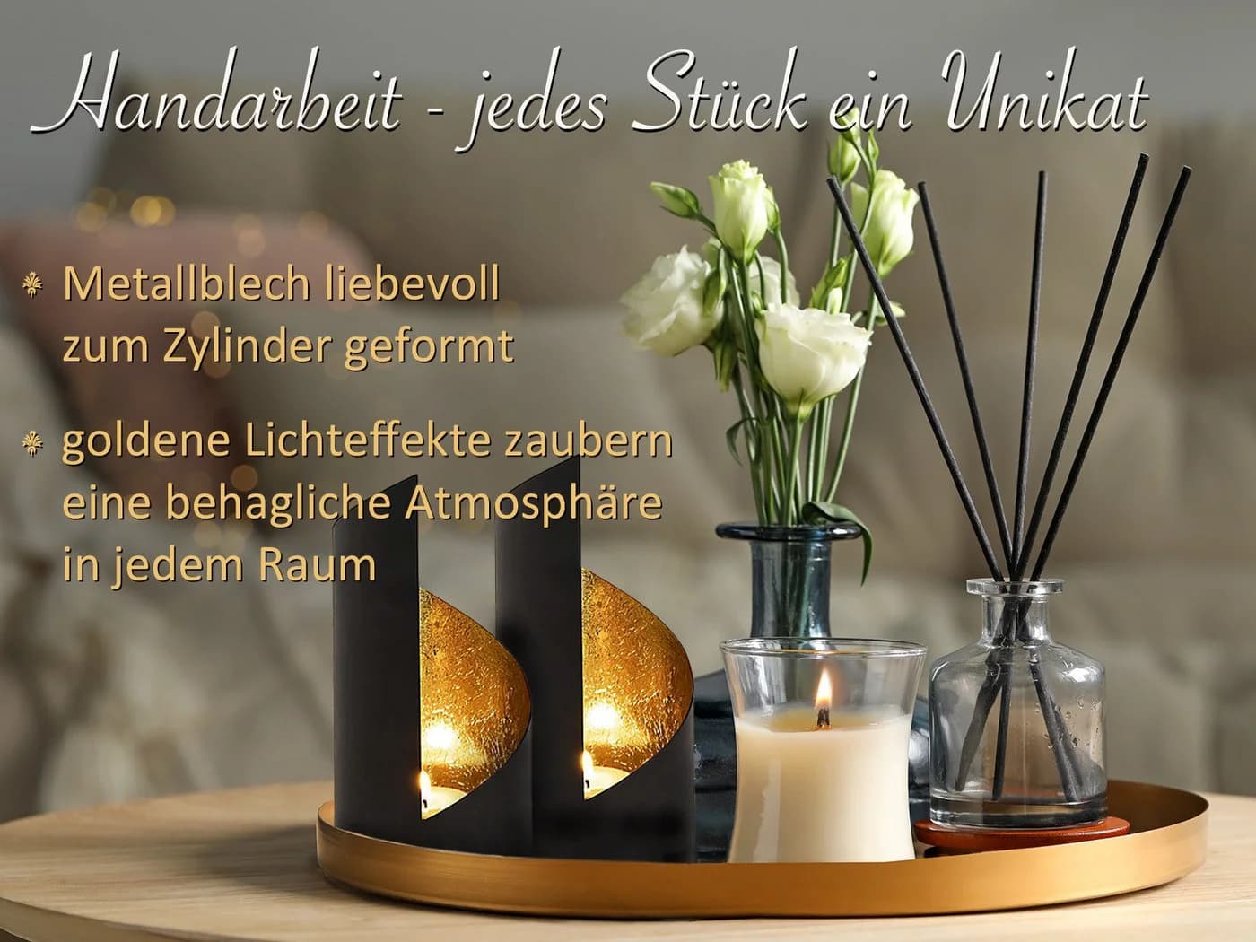 Amagohome Teelichthalter Set 2-teilig Schwarz Gold Zylinder Metall - Bild 3