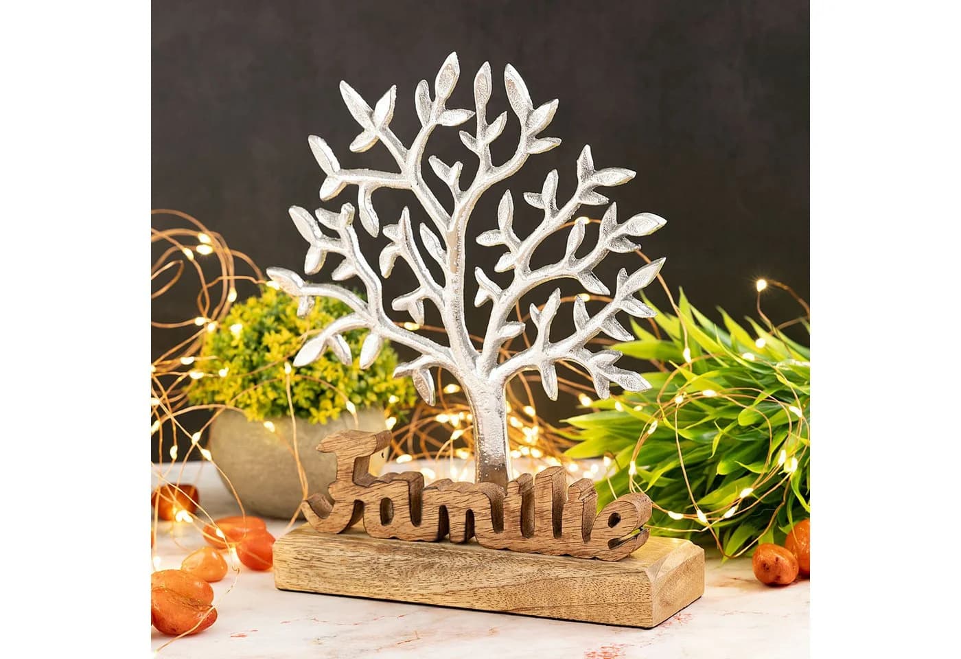 Amagohome Dekofigur Lebensbaum Familie Aluminium & Mangoholz