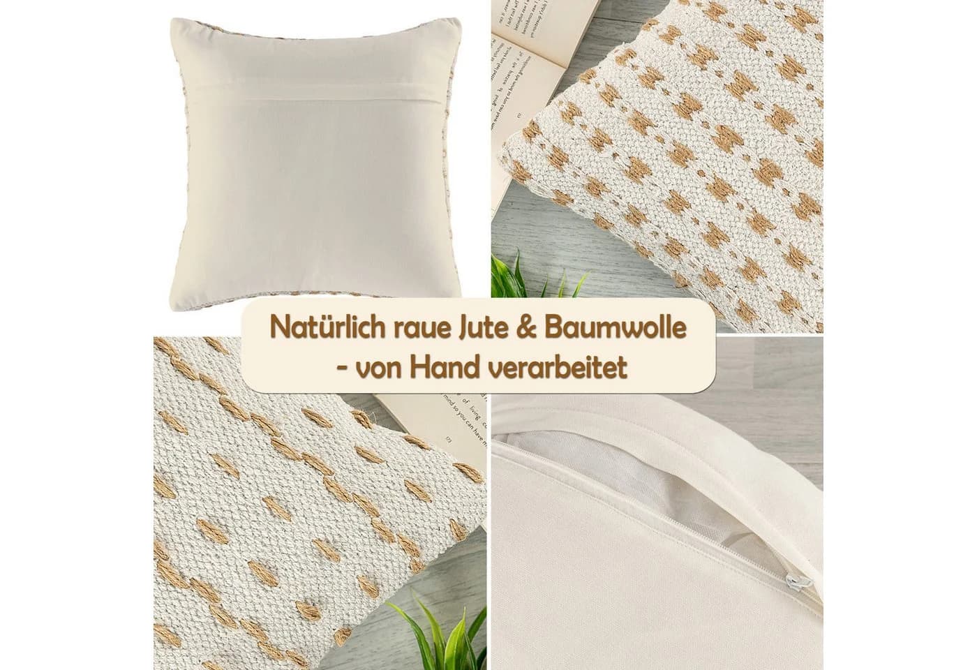 Amagohome Dekokissen Set 2 Stück 40x40cm Baumwolle Jute Beige - Bild 4