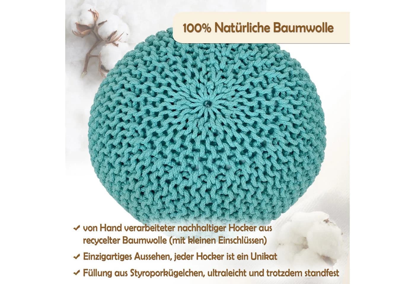 Amagohome Strickhocker Sitzhocker Pouf XXL Baumwolle recycelt